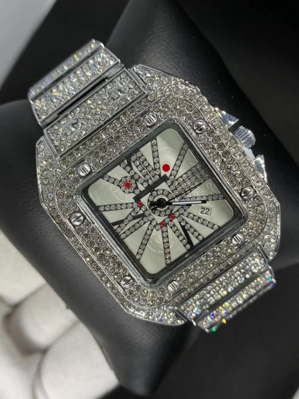 Square Special Red Dial Date Iced Out Diamond Watch, Luxury Hip Hop Watch Unisex